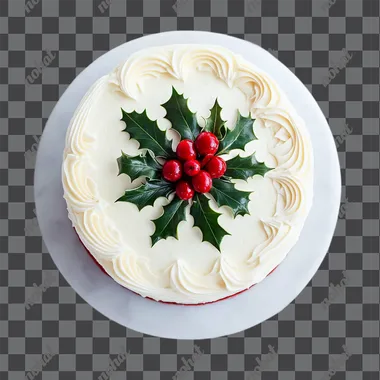 a simple white christmas cake with holly in the centre, top down shot, white ackground