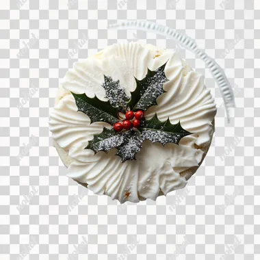 a simple white christmas cake with holly in the centre, top down shot, white ackground