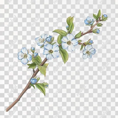Prompt draw a branch with small soft blue flowers, detailed work, flowers as buds and half-opened flowers. flower iridescence from white, green to blue. branches are curved