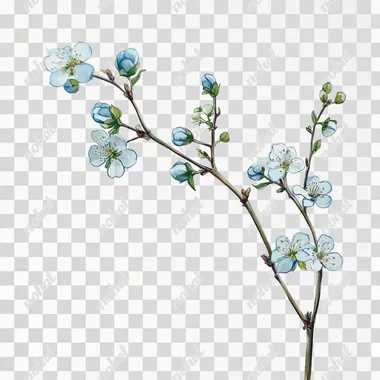 Prompt draw a branch with small soft blue flowers, detailed work, flowers as buds and half-opened flowers. flower iridescence from white, green to blue. branches are curved