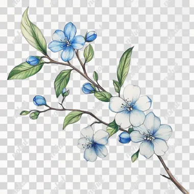 Prompt draw a branch with small soft blue flowers, detailed work, flowers as buds and half-opened flowers. flower iridescence from white, green to blue. branches are curved