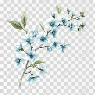 Prompt draw a branch with small soft blue flowers, detailed work, flowers as buds and half-opened flowers. flower iridescence from white, green to blue. branches are curved