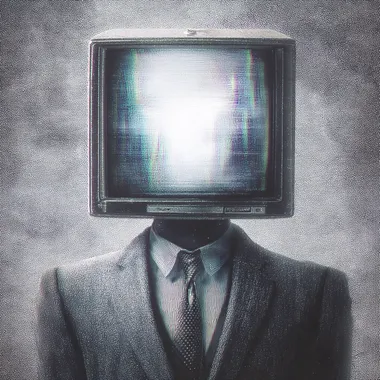surreal man with tv head, the image on the tv is of the same tv head man, in the style of retro 80s scifi, optical illusion, 1980s vhs rofile idqpvob