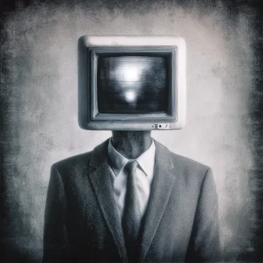 surreal man with tv head, the image on the tv is of the same tv head man, in the style of retro 80s scifi, optical illusion, 1980s vhs rofile idqpvob