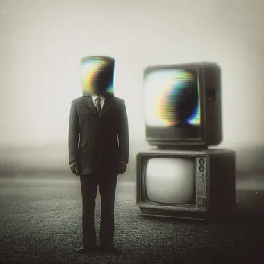 surreal man with tv head, the image on the tv is of the same tv head man, in the style of retro 80s scifi, optical illusion, 1980s vhs rofile idqpvob