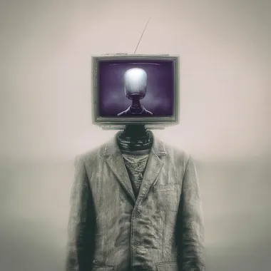 surreal man with tv head, the image on the tv is of the same tv head man, in the style of retro 80s scifi, optical illusion, 1980s vhs rofile idqpvob