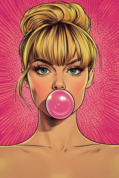 pop art style illustration of an attractive woman looking directly at the viewer while she blows a bubble from chewing gum. The background should be comic book style in bright pink. Her hair is blonde and in a messy 70s style updo with bangs.