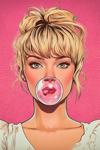 pop art style illustration of an attractive woman looking directly at the viewer while she blows a bubble from chewing gum. The background should be comic book style in bright pink. Her hair is blonde and in a messy 70s style updo with bangs.