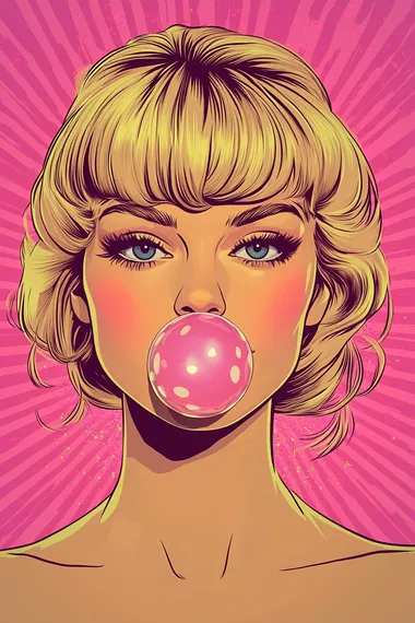 pop art style illustration of an attractive woman looking directly at the viewer while she blows a bubble from chewing gum. The background should be comic book style in bright pink. Her hair is blonde and in a messy 70s style updo with bangs.