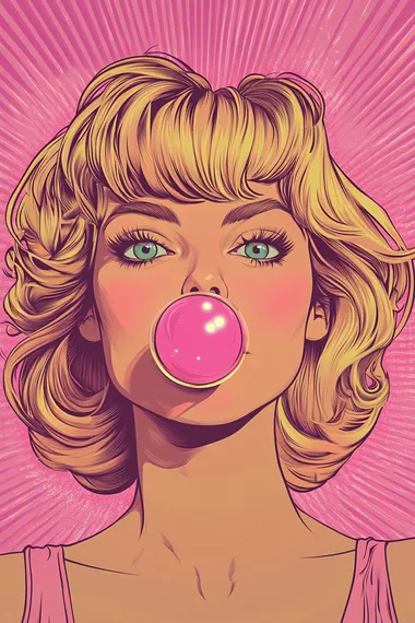 pop art style illustration of an attractive woman looking directly at the viewer while she blows a bubble from chewing gum. The background should be comic book style in bright pink. Her hair is blonde and in a messy 70s style updo with bangs.