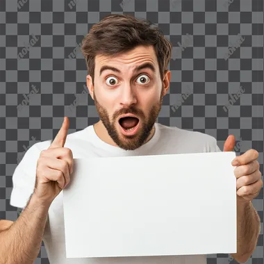 A tech guy with a white background pointing at a blank sign with a shocked expression on his face