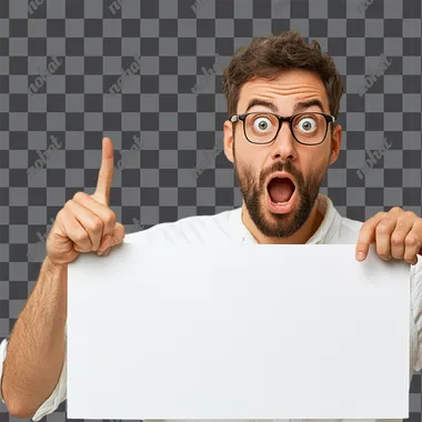 A tech guy with a white background pointing at a blank sign with a shocked expression on his face