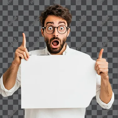 A tech guy with a white background pointing at a blank sign with a shocked expression on his face