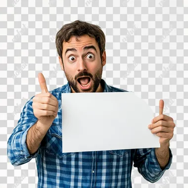 A tech guy with a white background pointing at a blank sign with a shocked expression on his face
