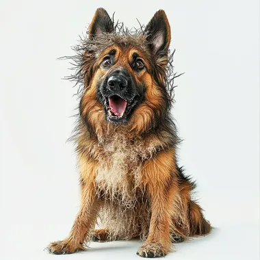 funny, cartoon, drunk german shepherd dog, humorous and exaggerated shocked expression, messy, ruffled fur on head and body, frazzled whiskers, comical, sitting down, closed mouth, white background