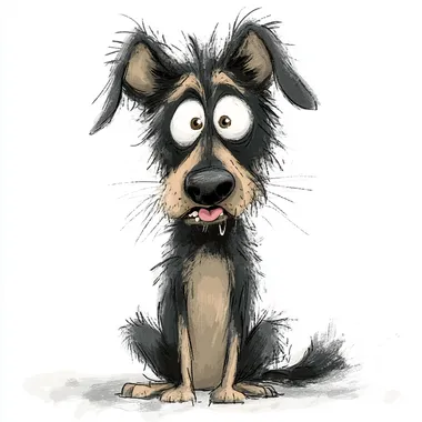funny, cartoon, drunk german shepherd dog, humorous and exaggerated shocked expression, messy, ruffled fur on head and body, frazzled whiskers, comical, sitting down, closed mouth, white background