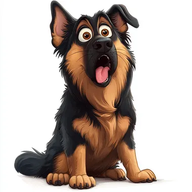 funny, cartoon, drunk german shepherd dog, humorous and exaggerated shocked expression, messy, ruffled fur on head and body, frazzled whiskers, comical, sitting down, closed mouth, white background