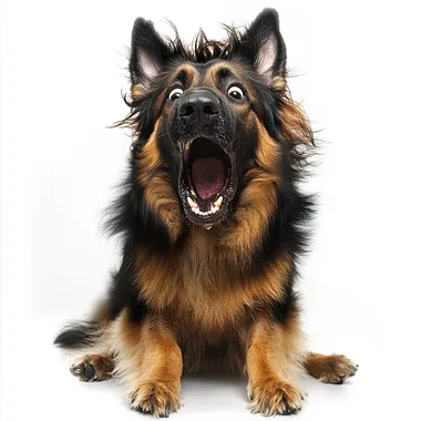 funny, cartoon, drunk german shepherd dog, humorous and exaggerated shocked expression, messy, ruffled fur on head and body, frazzled whiskers, comical, sitting down, closed mouth, white background