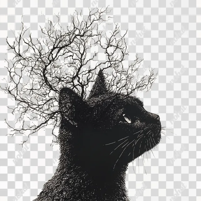PNG Silhouette of a Black Cat with Branches in a Forest Setting