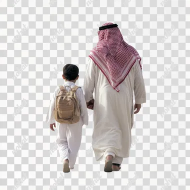 A front view of a Saudi father wearing a traditional white thobe and a red checkered shemagh, standing next to his son. The son, also dressed in a white thobe, is carrying a small backpack. Both are walking forward, with the father looking ahead and the son by his side. The background is white, isolating the figures in the scene.