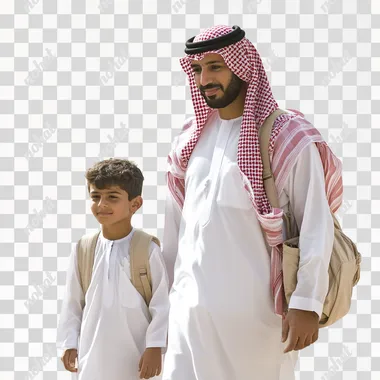 A front view of a Saudi father wearing a traditional white thobe and a red checkered shemagh, standing next to his son. The son, also dressed in a white thobe, is carrying a small backpack. Both are walking forward, with the father looking ahead and the son by his side. The background is white, isolating the figures in the scene.