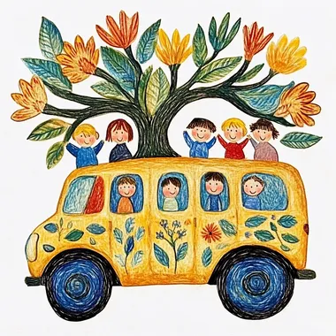 a school bus with happy multicultural children, clipart image, set against a white background  2406 --s 250  rbtq8bx