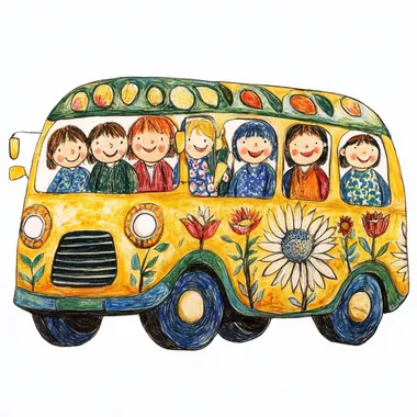 a school bus with happy multicultural children, clipart image, set against a white background  2406 --s 250  rbtq8bx