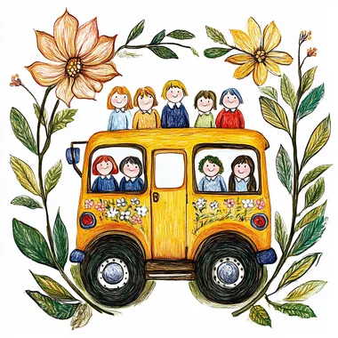 a school bus with happy multicultural children, clipart image, set against a white background  2406 --s 250  rbtq8bx