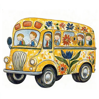 a school bus with happy multicultural children, clipart image, set against a white background  2406 --s 250  rbtq8bx