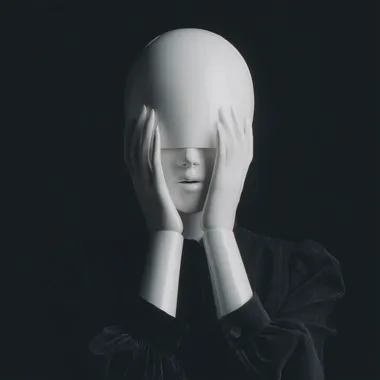 no face, faceless, white steel, hinged dolls, abstract, black background, cinematic light, smooth face, posing with hands, y2k white androids, medium 35mm shot, abstract white enameled metal