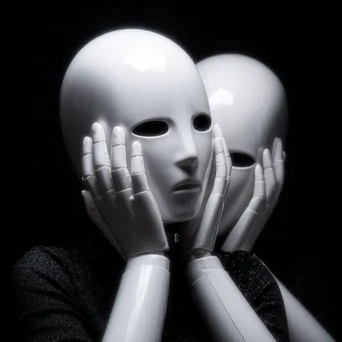 no face, faceless, white steel, hinged dolls, abstract, black background, cinematic light, smooth face, posing with hands, y2k white androids, medium 35mm shot, abstract white enameled metal
