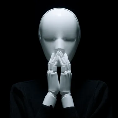 no face, faceless, white steel, hinged dolls, abstract, black background, cinematic light, smooth face, posing with hands, y2k white androids, medium 35mm shot, abstract white enameled metal
