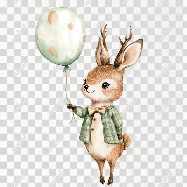 PNG Cute rabbit in watercolor, holding a balloon, from woodland settings