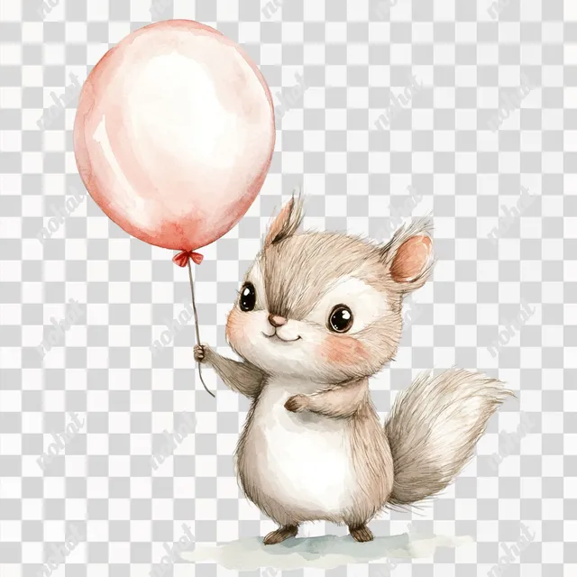 PNG Squirrel in neutral colors holding a pink balloon in woodland setting