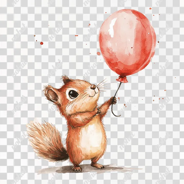 PNG Squirrel Holding Red Balloon in Woodland Setting - Cute Watercolor Art