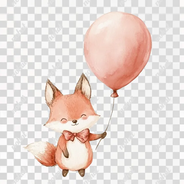 PNG Red Fox in Forest Holding Pink Balloon, Cute Watercolor Illustration