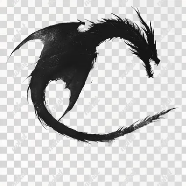 a dragon flying, minimalist, black and white, transparente background, high tail