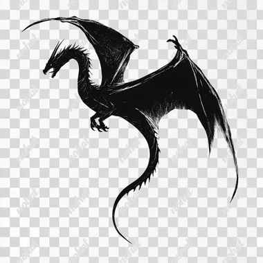 a dragon flying, minimalist, black and white, transparente background, high tail