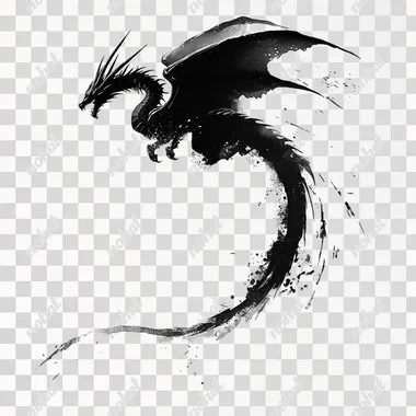 a dragon flying, minimalist, black and white, transparente background, high tail