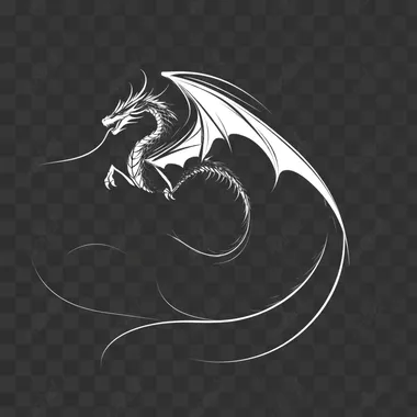 a dragon flying, minimalist, black and white, transparente background, high tail
