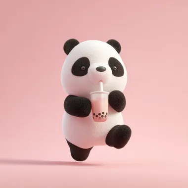 3D rendering of a cute panda running and drinking bubble tea on a pink background, cartoon style, minimalism, simple shapes, cute character design, lovely graphic design, cute kawaii art, pastel tones, cuddly toy, smooth and shiny texture, simple and clean background and soft lighting, in studio shot.