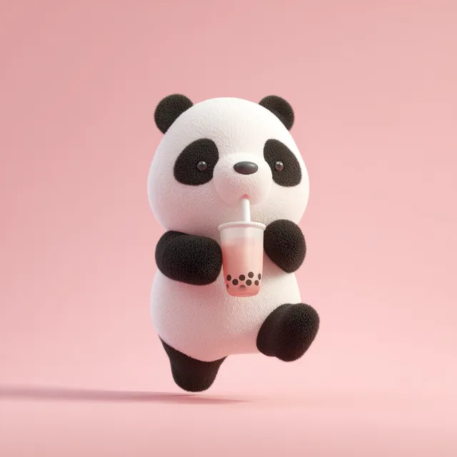 Cute Panda Enjoying Bubble Tea on Pink Background