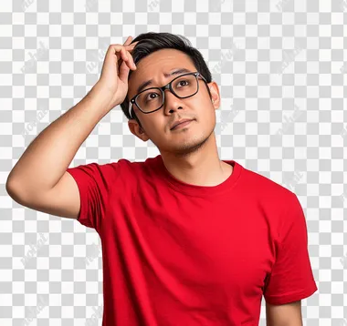 A photograph of a malay man in an red T-shirt wearing glasses, with his hand on his ear as if trying to hear something, against an isolated white background, in a studio setting.