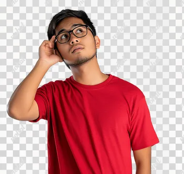 A photograph of a malay man in an red T-shirt wearing glasses, with his hand on his ear as if trying to hear something, against an isolated white background, in a studio setting.