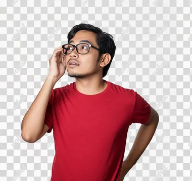 A photograph of a malay man in an red T-shirt wearing glasses, with his hand on his ear as if trying to hear something, against an isolated white background, in a studio setting.