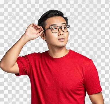 A photograph of a malay man in an red T-shirt wearing glasses, with his hand on his ear as if trying to hear something, against an isolated white background, in a studio setting.