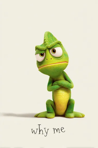 A cute chameleon is sitting on the ground, with its arms folded and its head tilted to one side. It has green body scales, a yellow belly, and a white background, in the style of Pixar. The chameleon's face looks very angry, as if it is wearing . Above his head text "why me"  rofile z78m6hz