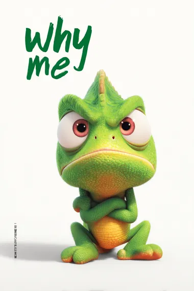 A cute chameleon is sitting on the ground, with its arms folded and its head tilted to one side. It has green body scales, a yellow belly, and a white background, in the style of Pixar. The chameleon's face looks very angry, as if it is wearing . Above his head text "why me"  rofile z78m6hz