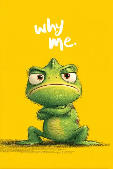 A cute chameleon is sitting on the ground, with its arms folded and its head tilted to one side. It has green body scales, a yellow belly, and a white background, in the style of Pixar. The chameleon's face looks very angry, as if it is wearing . Above his head text "why me"  rofile z78m6hz