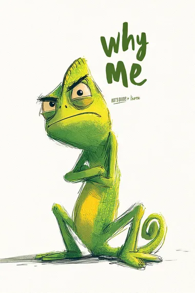 A cute chameleon is sitting on the ground, with its arms folded and its head tilted to one side. It has green body scales, a yellow belly, and a white background, in the style of Pixar. The chameleon's face looks very angry, as if it is wearing . Above his head text "why me"  rofile z78m6hz